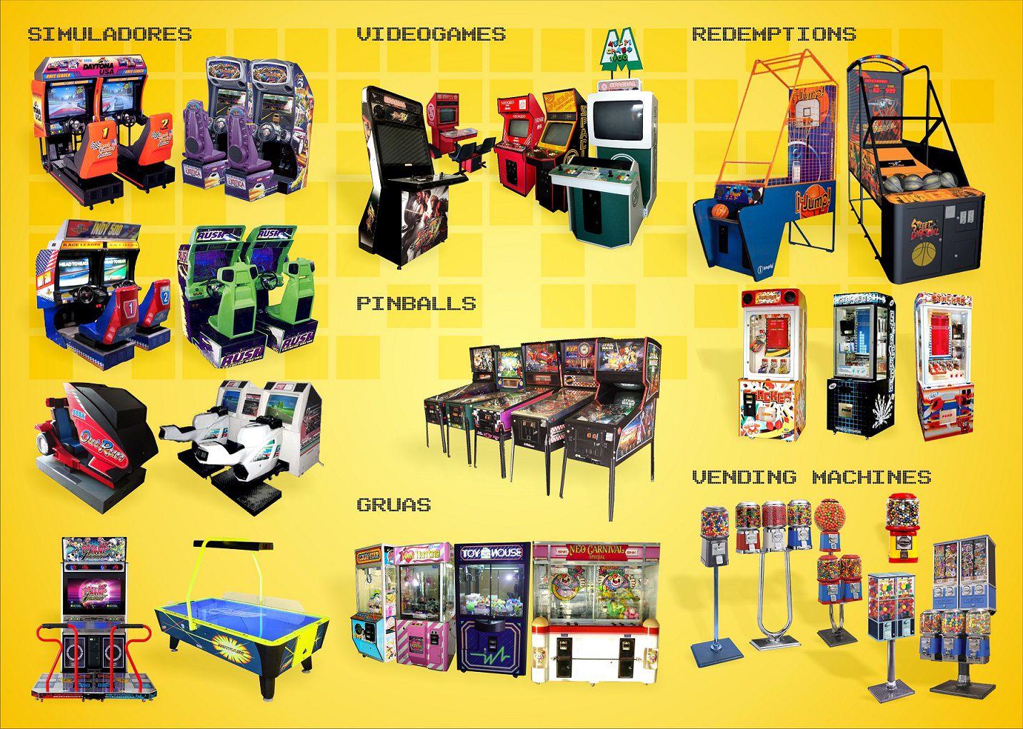 Catálogo Completo de Equipamentos - Simuladores, Videogames, Redemptions, Pinballs, Gruas e Vending Machines